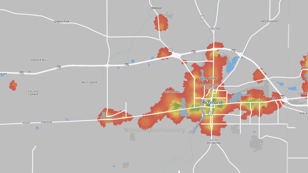 Walk Grade map of Wayne County, IN, walkable areas in green and car-dependent areas in red