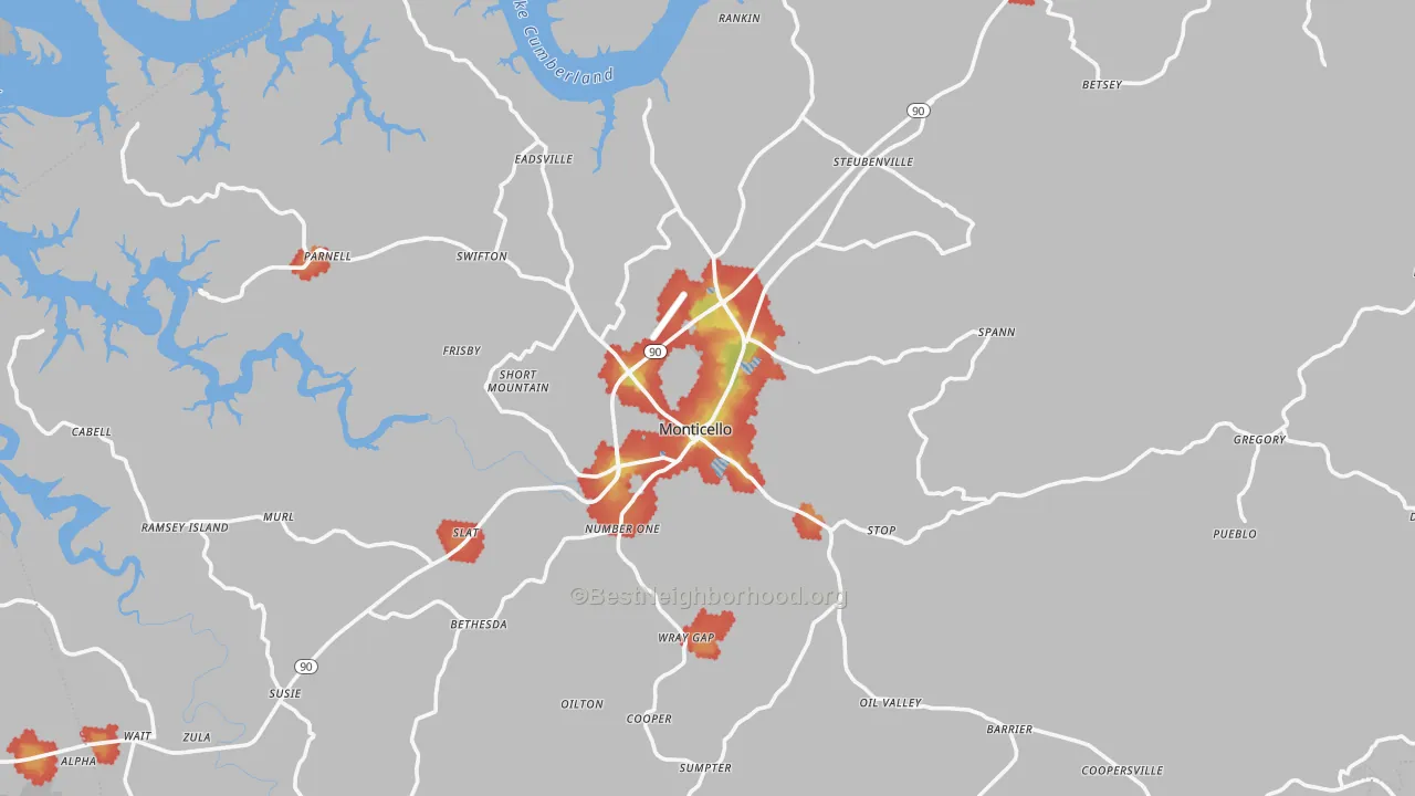 Walk Grade map of Wayne County, KY, walkable areas in green and car-dependent areas in red
