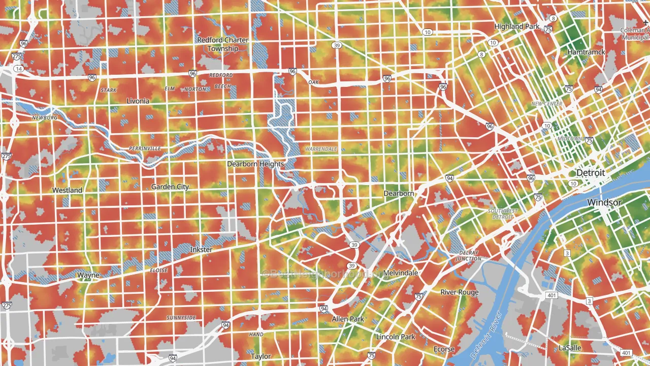 Walk Grade map of Wayne County, MI, walkable areas in green and car-dependent areas in red