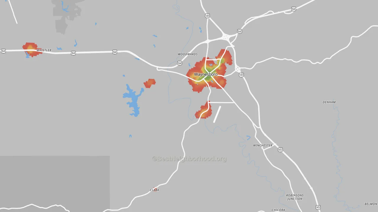 Walk Grade map of Wayne County, MS, walkable areas in green and car-dependent areas in red