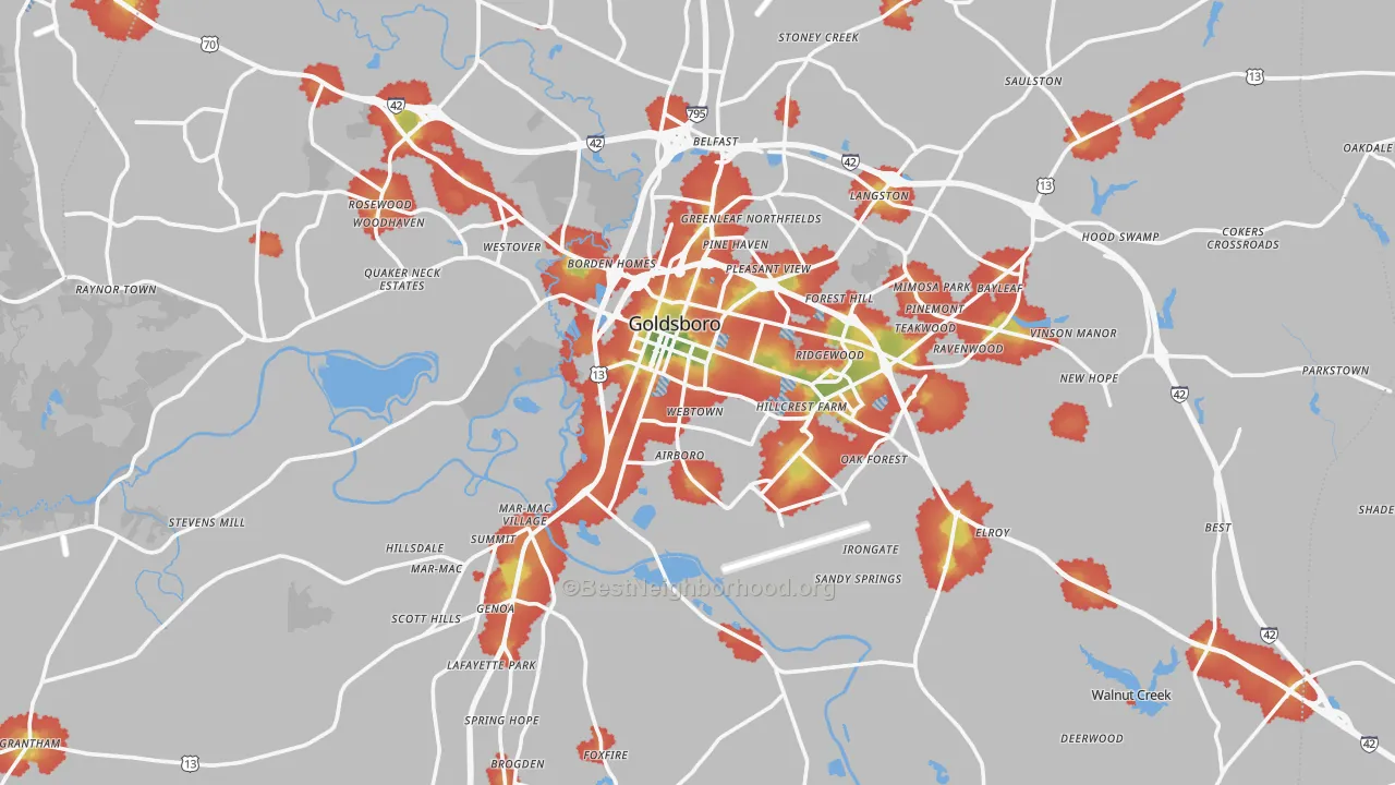 Walk Grade map of Wayne County, NC, walkable areas in green and car-dependent areas in red