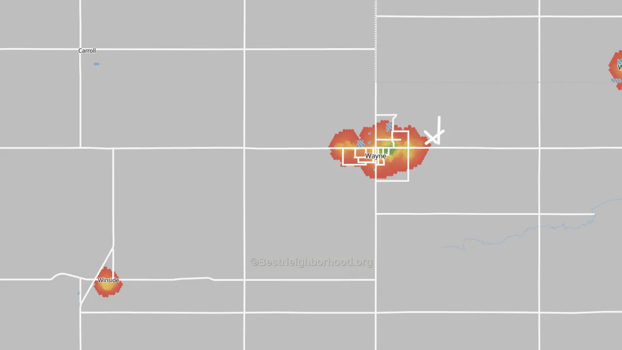 Walk Grade map of Wayne County, NE, walkable areas in green and car-dependent areas in red