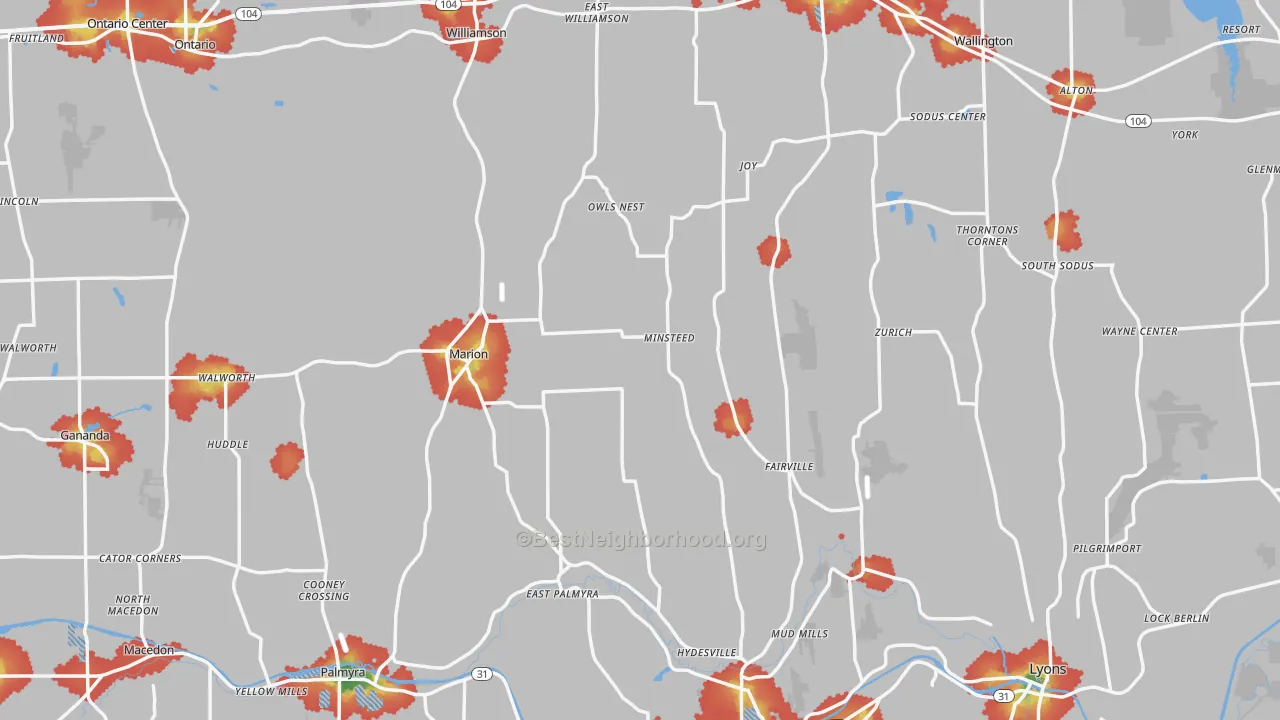 Walk Grade map of Wayne County, NY, walkable areas in green and car-dependent areas in red