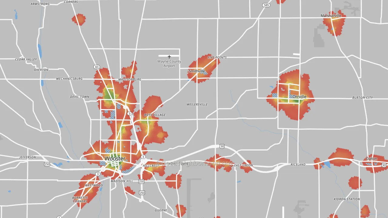 Walk Grade map of Wayne County, OH, walkable areas in green and car-dependent areas in red