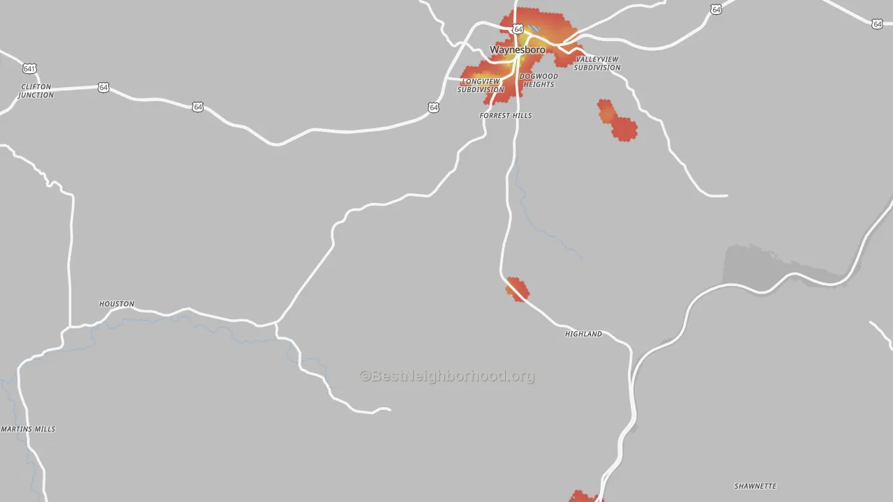 Walk Grade map of Wayne County, TN, walkable areas in green and car-dependent areas in red