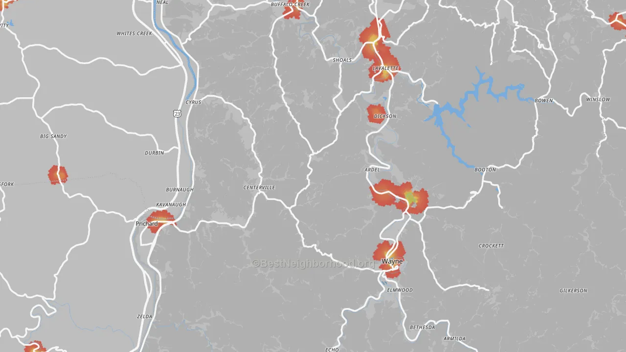 Walk Grade map of Wayne County, WV, walkable areas in green and car-dependent areas in red