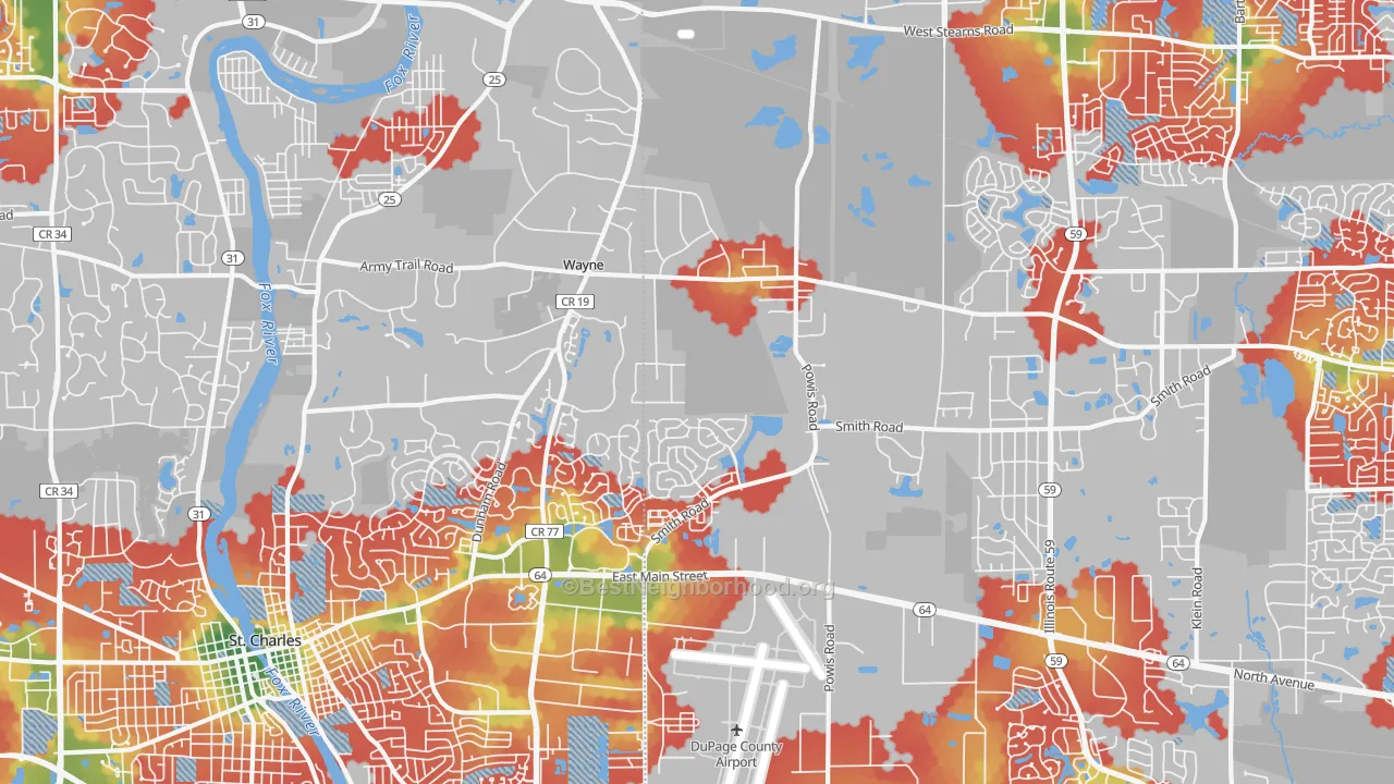 Walk Grade map of Wayne, IL, walkable areas in green and car-dependent areas in red
