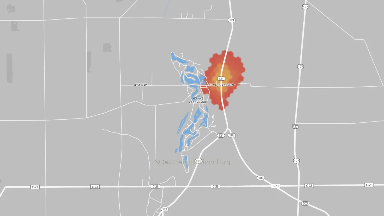 Walk Grade map of Wayne Lakes, OH, walkable areas in green and car-dependent areas in red