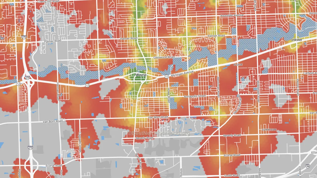 Walk Grade map of Wayne, MI, walkable areas in green and car-dependent areas in red