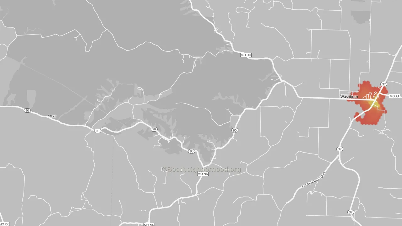 Walk Grade map of Wayne, MO, walkable areas in green and car-dependent areas in red