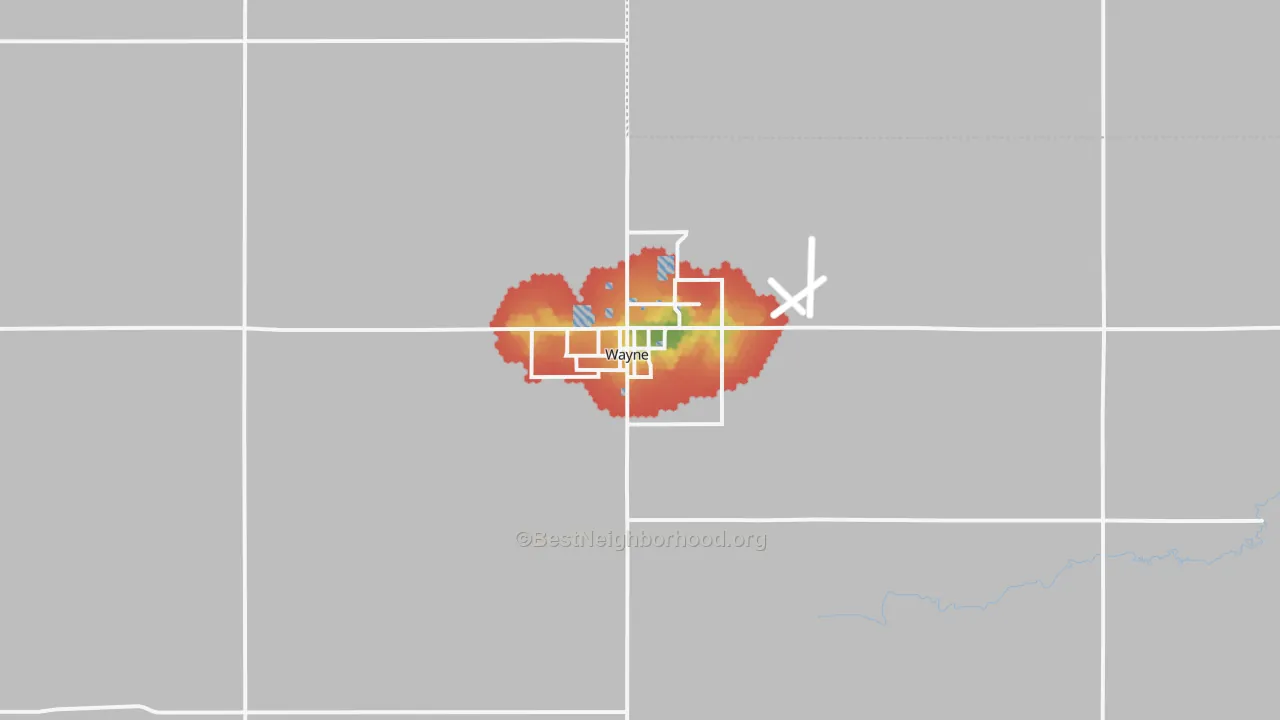 Walk Grade map of Wayne, NE, walkable areas in green and car-dependent areas in red