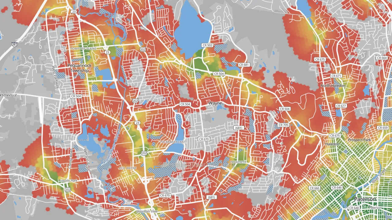 Walk Grade map of Wayne, NJ, walkable areas in green and car-dependent areas in red