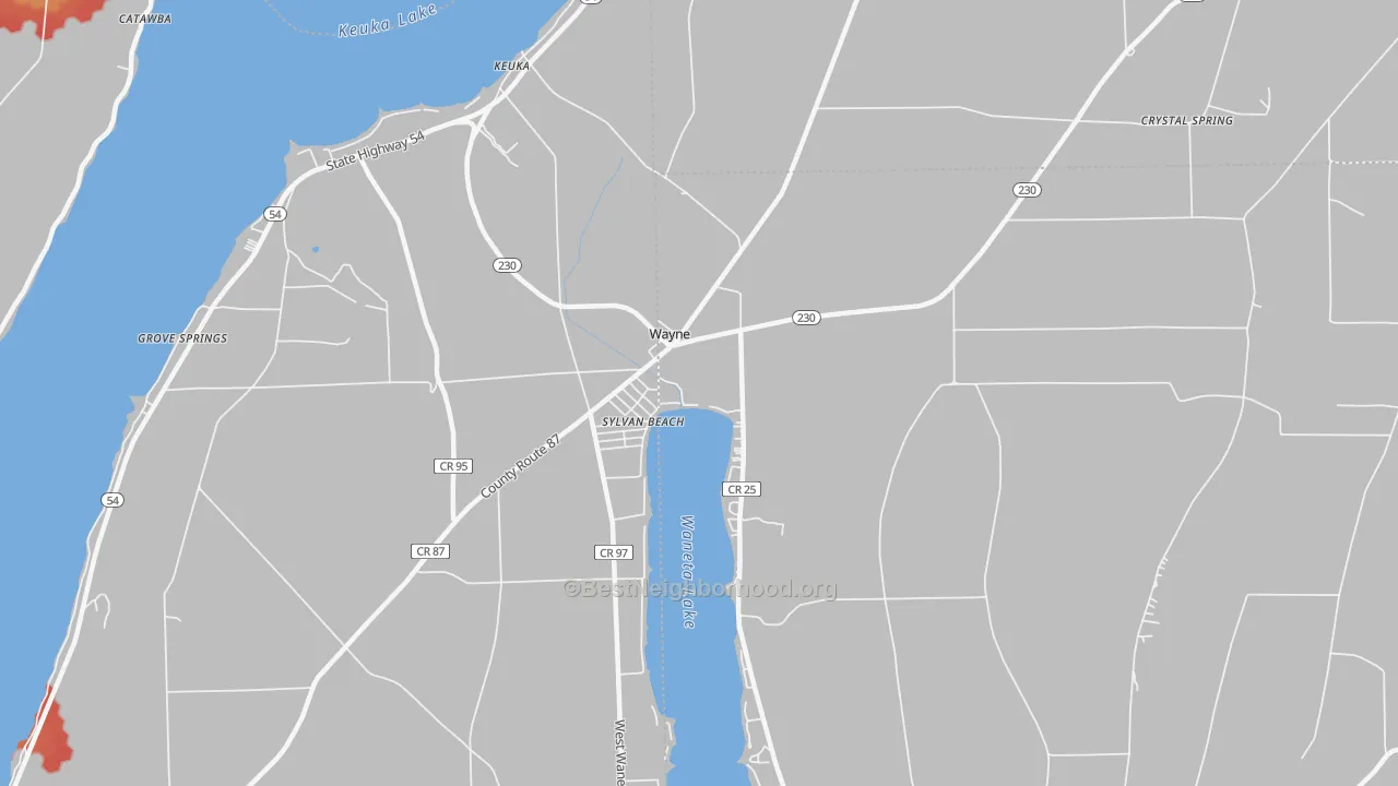 Walk Grade map of Wayne, NY, walkable areas in green and car-dependent areas in red