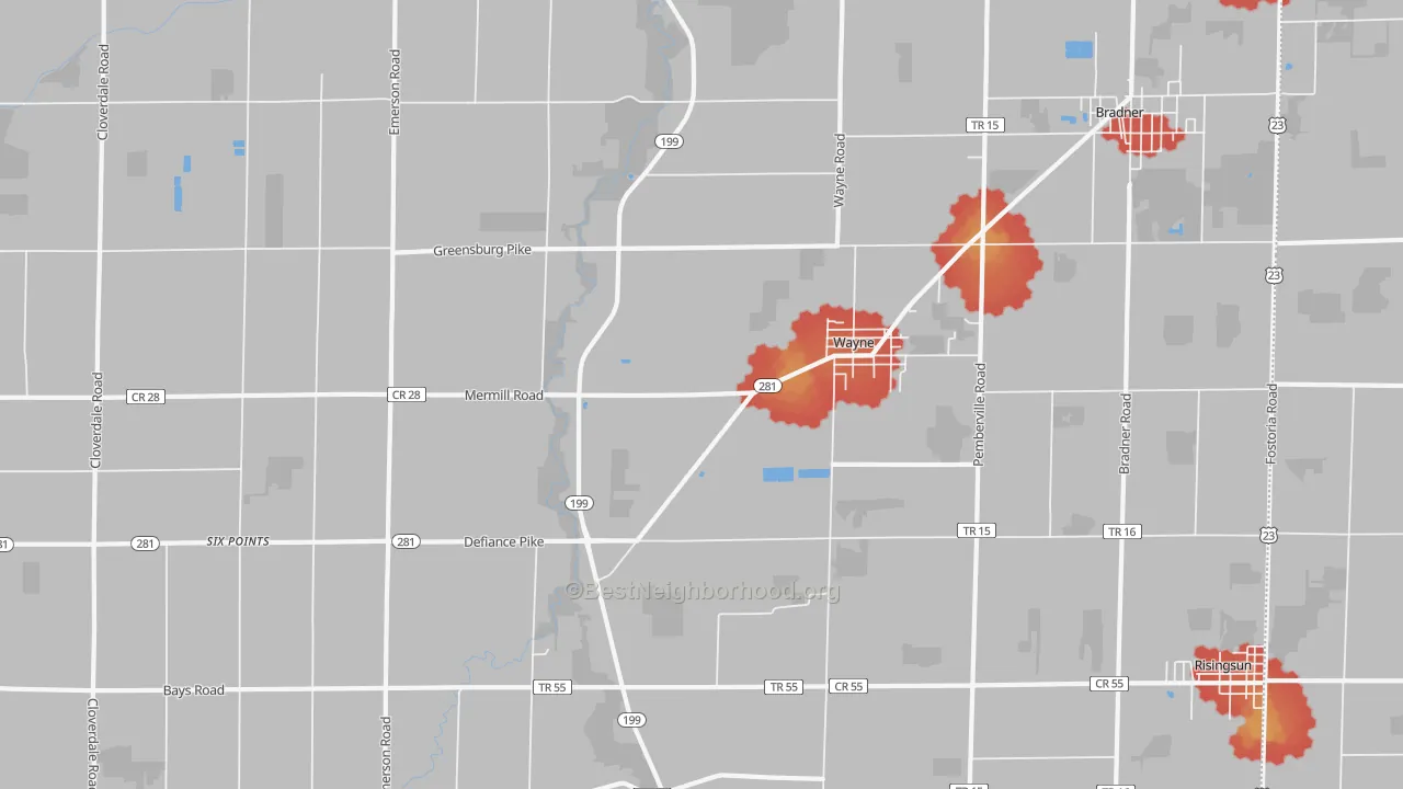 Walk Grade map of Wayne, OH, walkable areas in green and car-dependent areas in red