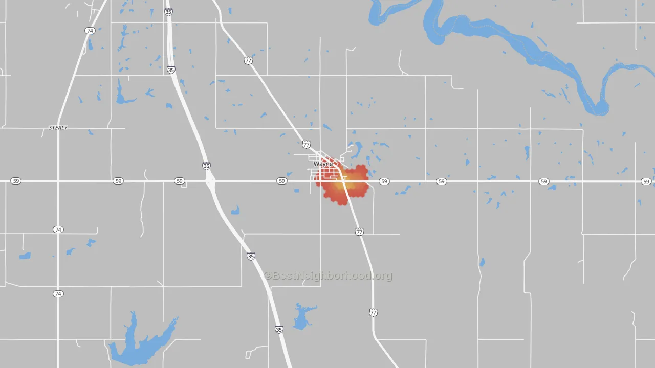 Walk Grade map of Wayne, OK, walkable areas in green and car-dependent areas in red