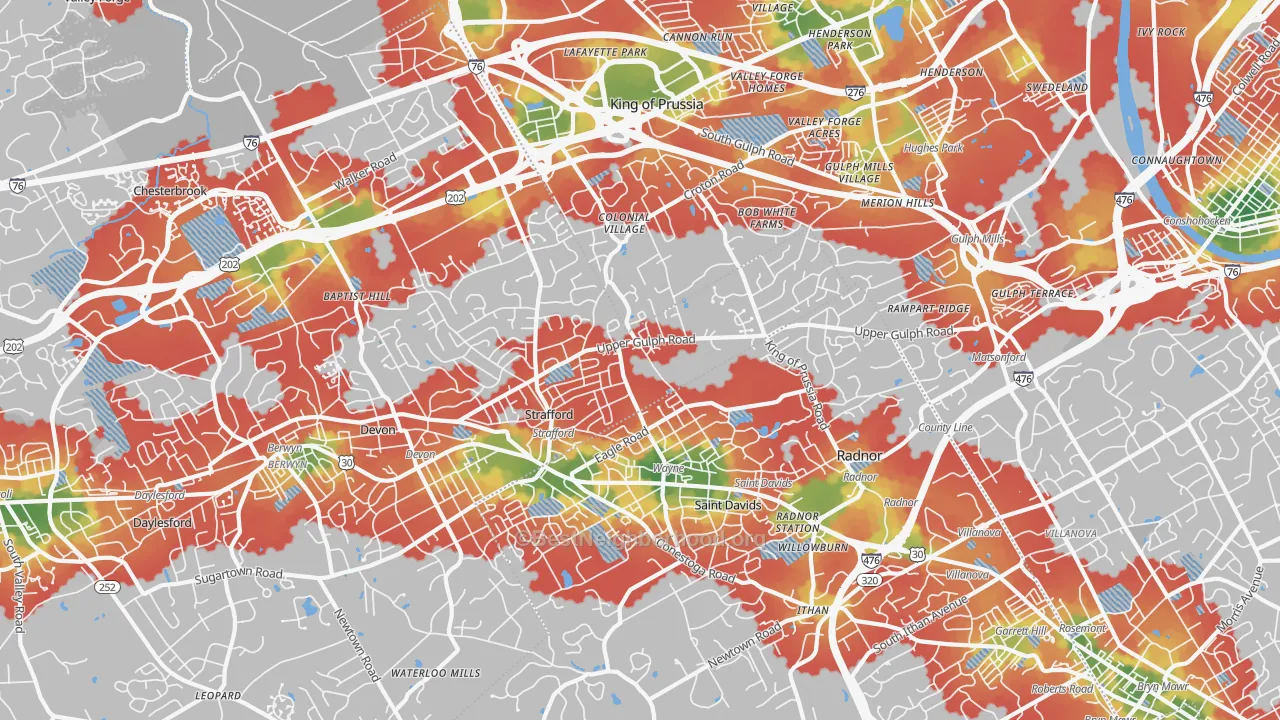 Walk Grade map of Wayne, PA, walkable areas in green and car-dependent areas in red