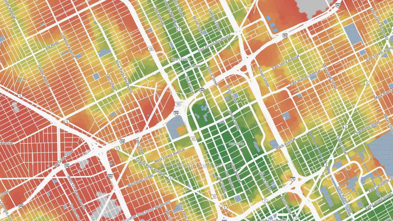Walk Grade map of Wayne State, Detroit, MI, walkable areas in green and car-dependent areas in red
