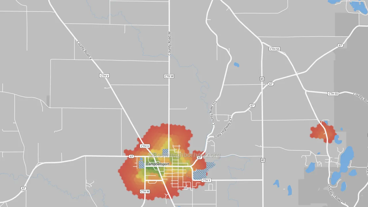 Walk Grade map of Wayne, WI, walkable areas in green and car-dependent areas in red
