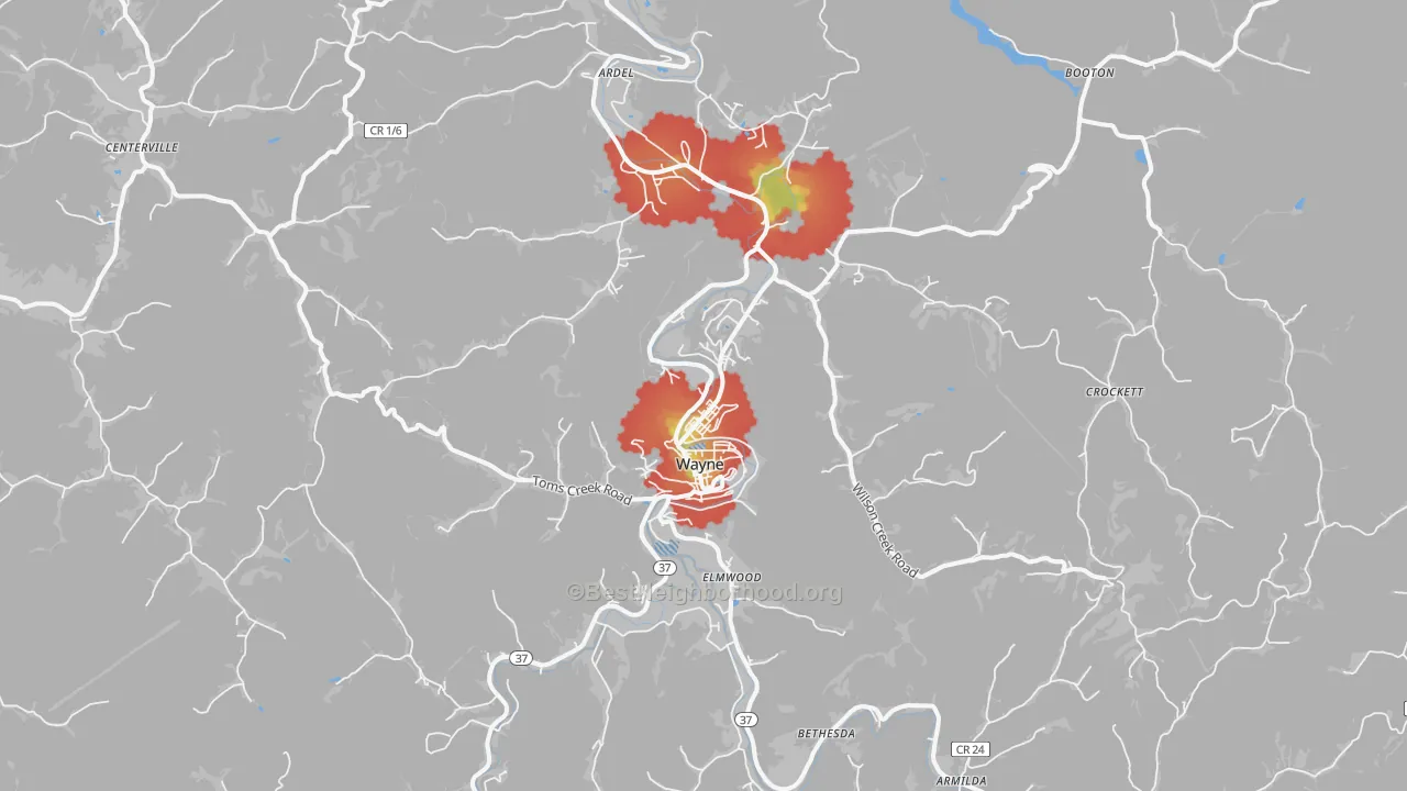 Walk Grade map of Wayne, WV, walkable areas in green and car-dependent areas in red