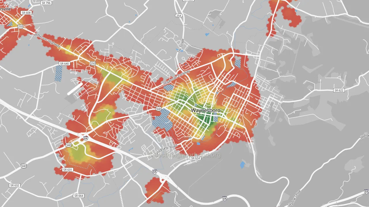 Walk Grade map of Waynesboro City, VA, walkable areas in green and car-dependent areas in red