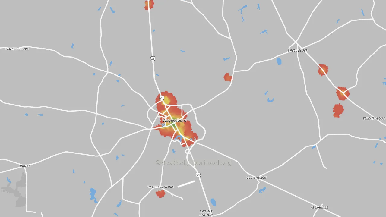 Walk Grade map of Waynesboro, GA, walkable areas in green and car-dependent areas in red