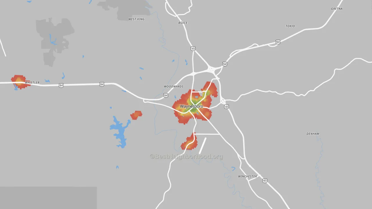 Walk Grade map of Waynesboro, MS, walkable areas in green and car-dependent areas in red