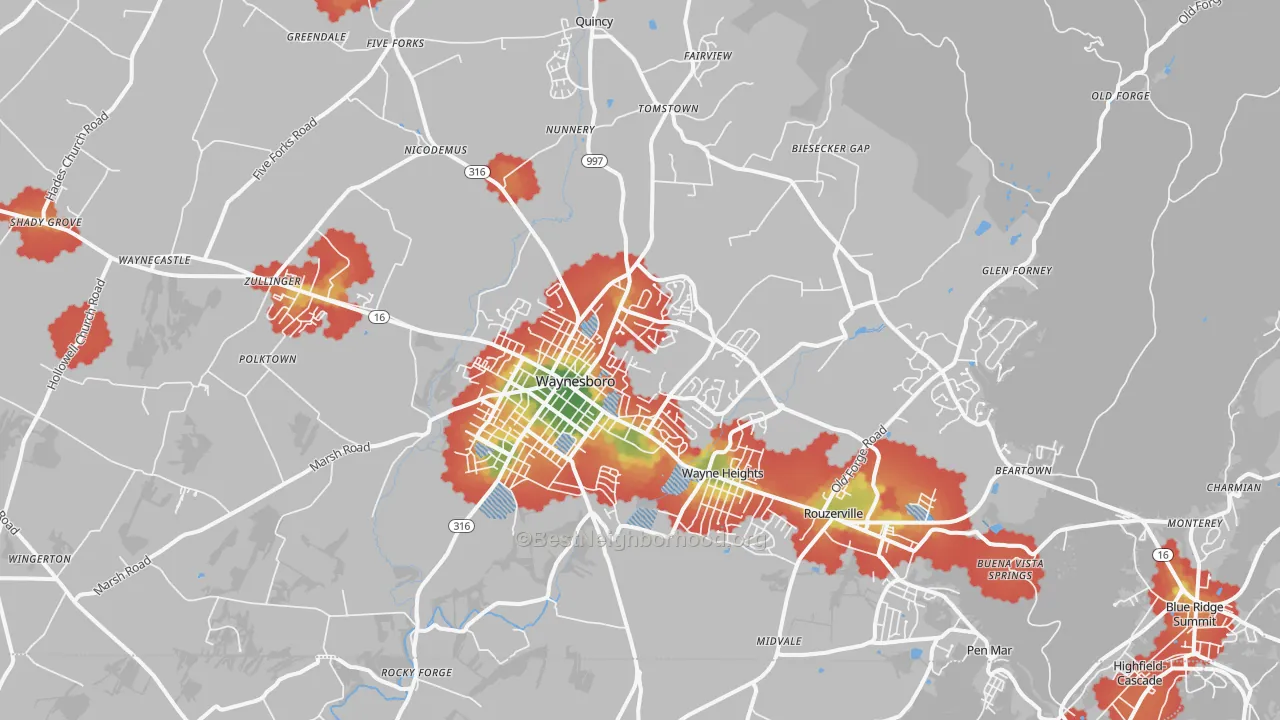 Walk Grade map of Waynesboro, PA, walkable areas in green and car-dependent areas in red