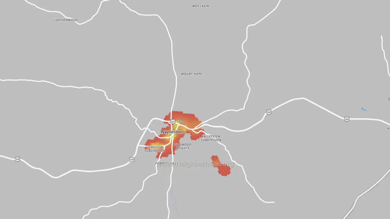 Walk Grade map of Waynesboro, TN, walkable areas in green and car-dependent areas in red