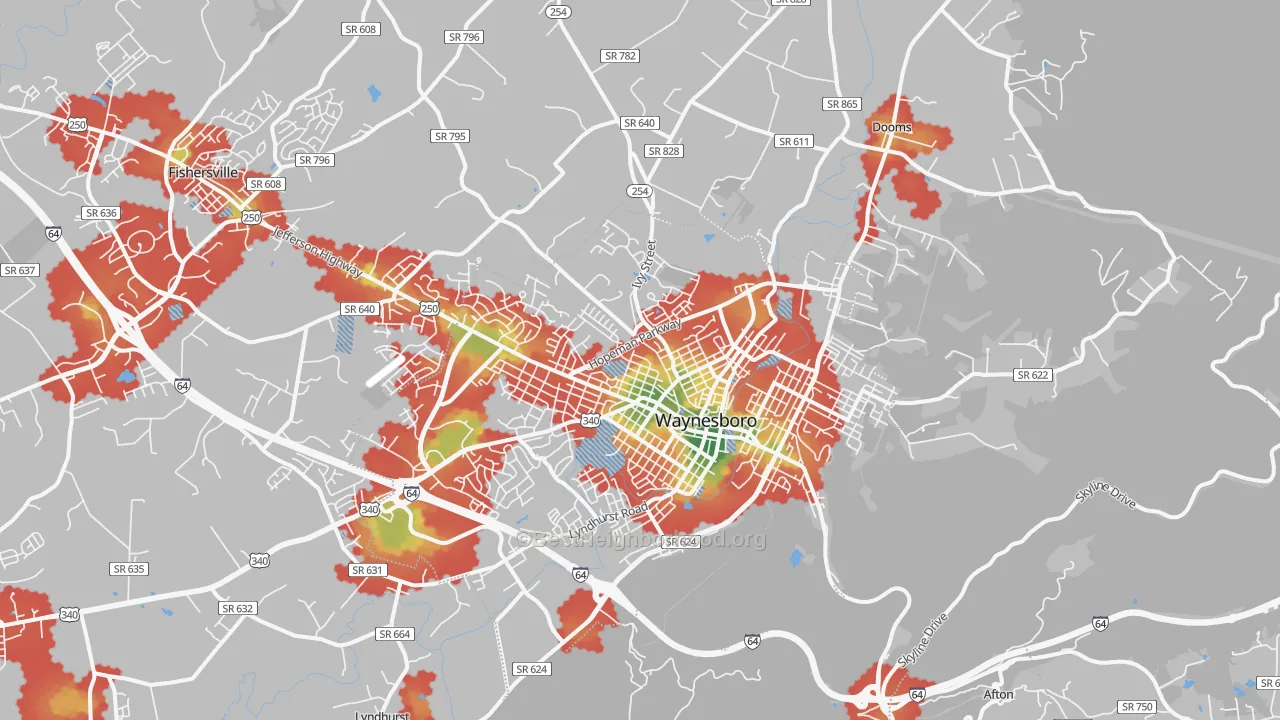 Walk Grade map of Waynesboro, VA, walkable areas in green and car-dependent areas in red