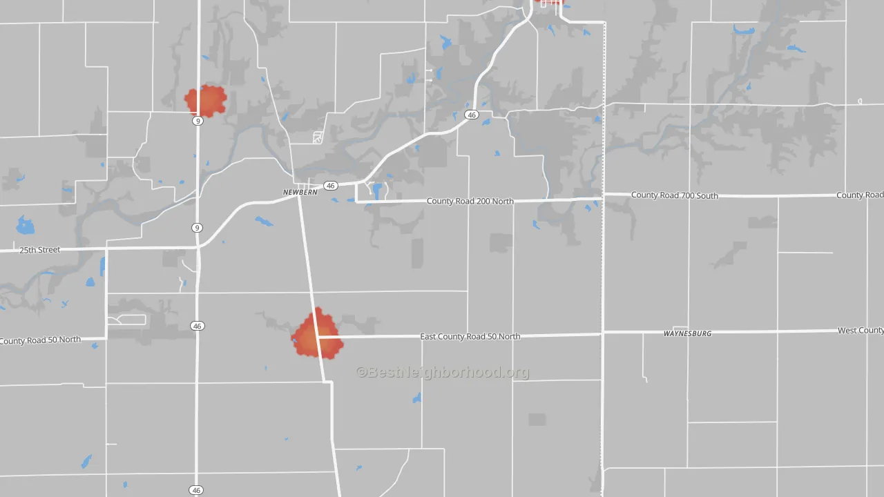 Walk Grade map of Waynesburg, IN, walkable areas in green and car-dependent areas in red