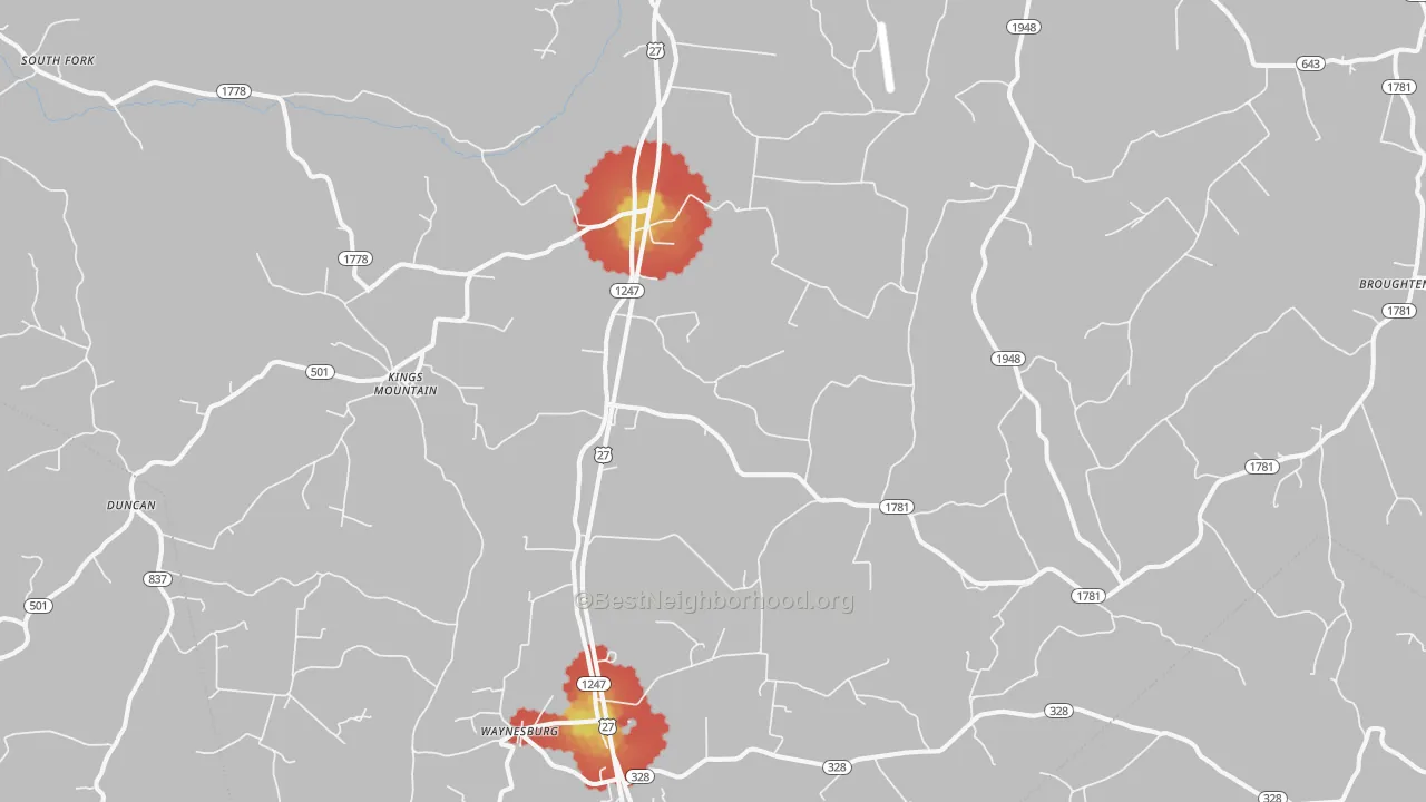 Walk Grade map of Waynesburg, KY, walkable areas in green and car-dependent areas in red