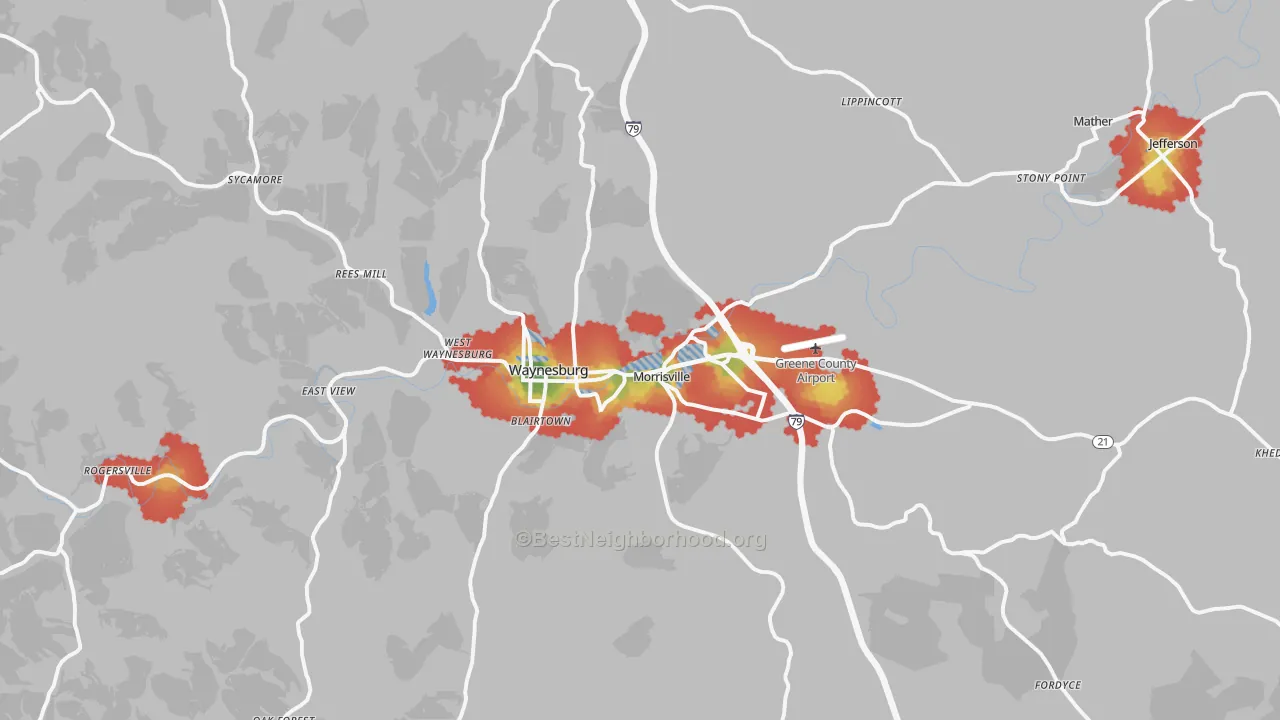 Walk Grade map of Waynesburg, PA, walkable areas in green and car-dependent areas in red