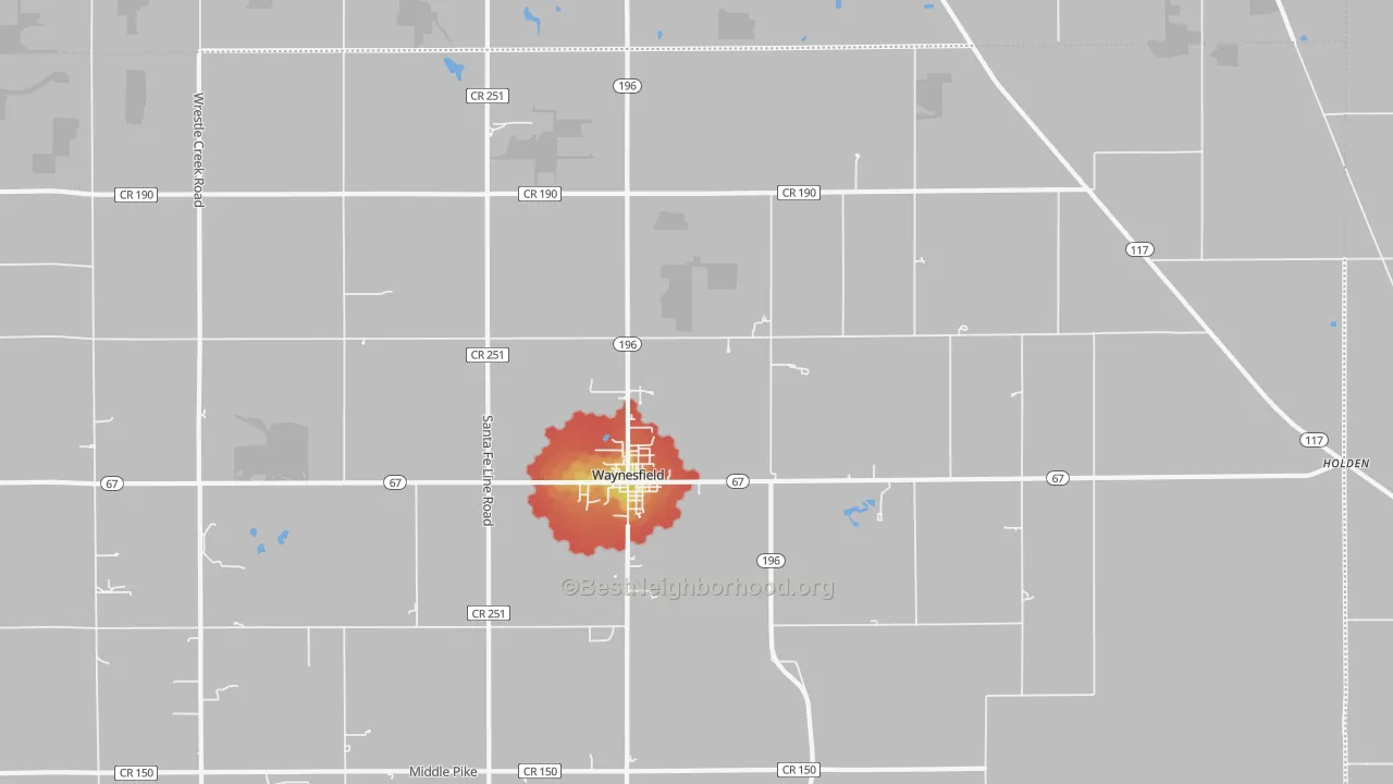 Walk Grade map of Waynesfield, OH, walkable areas in green and car-dependent areas in red