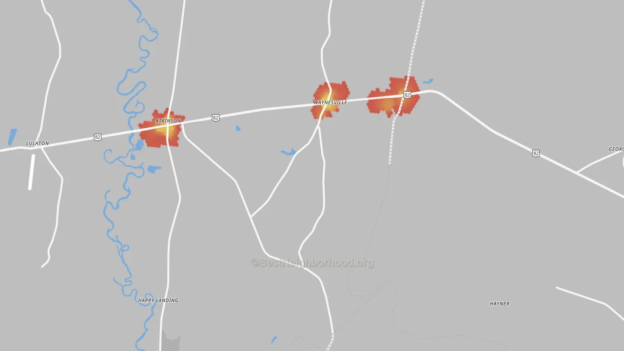 Walk Grade map of Waynesville, GA, walkable areas in green and car-dependent areas in red