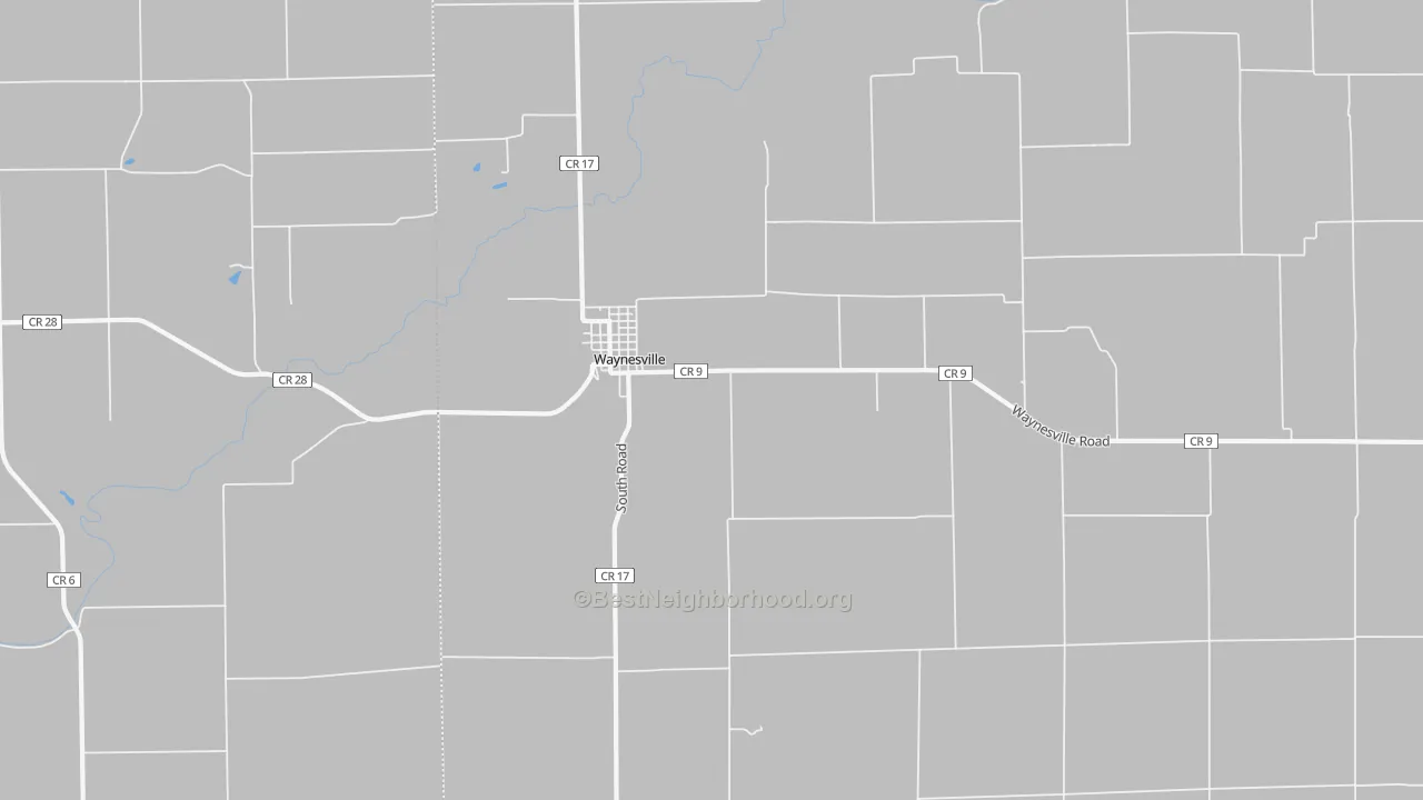 Walk Grade map of Waynesville, IL, walkable areas in green and car-dependent areas in red