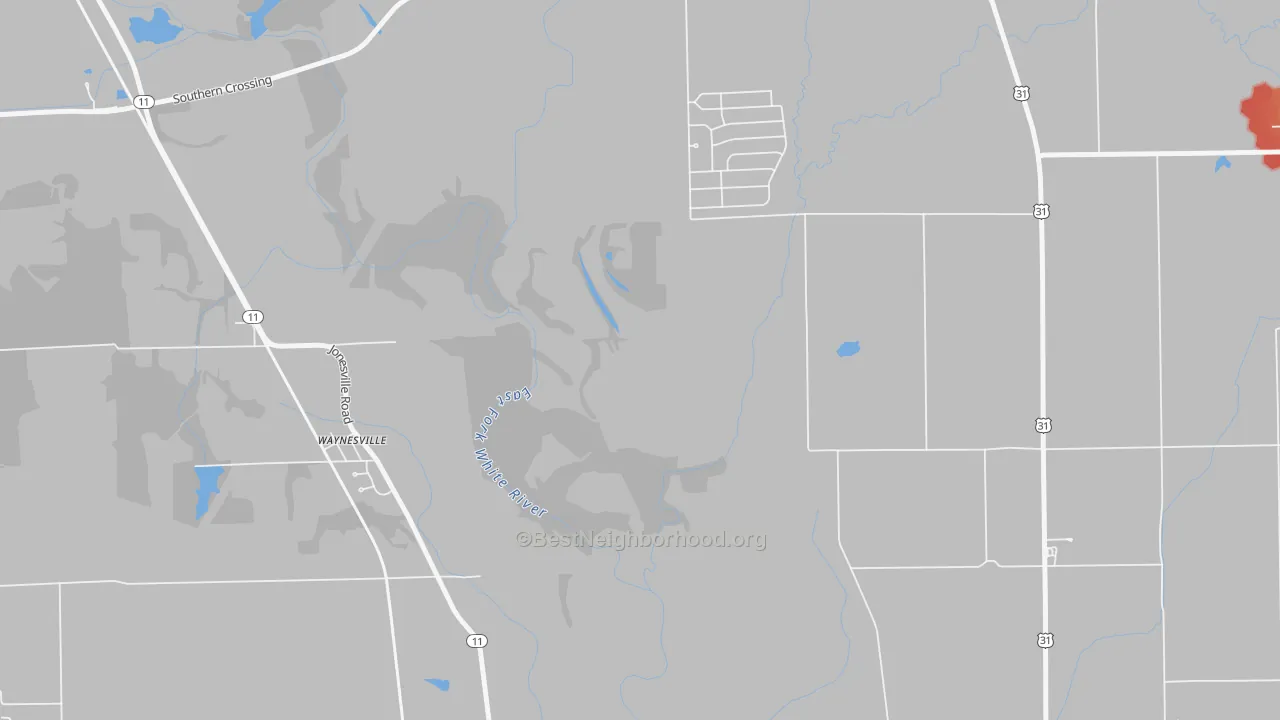 Walk Grade map of Waynesville, IN, walkable areas in green and car-dependent areas in red