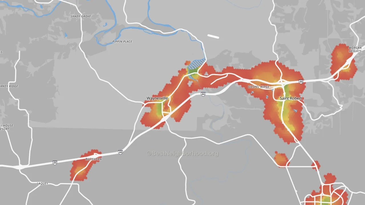 Walk Grade map of Waynesville, MO, walkable areas in green and car-dependent areas in red