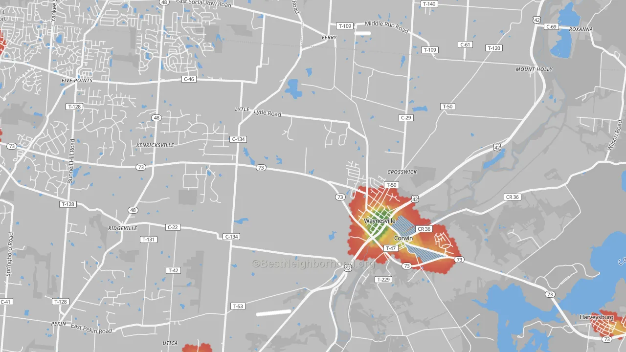Walk Grade map of Waynesville, OH, walkable areas in green and car-dependent areas in red