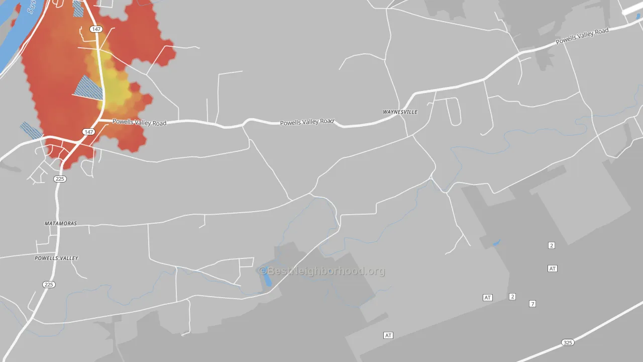 Walk Grade map of Waynesville, PA, walkable areas in green and car-dependent areas in red