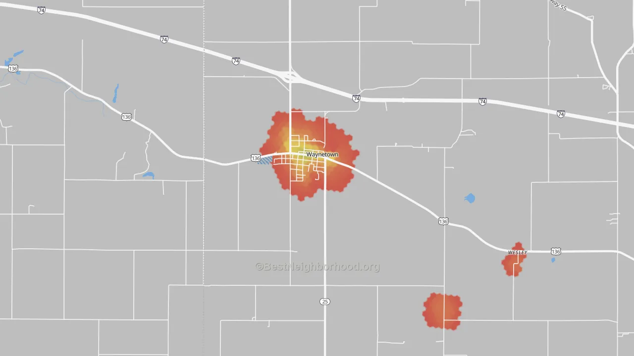 Walk Grade map of Waynetown, IN, walkable areas in green and car-dependent areas in red