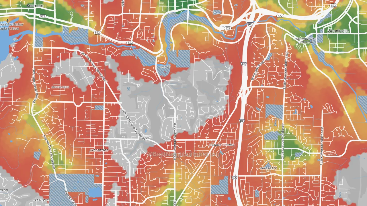 Walk Grade map of Waynita-Simonds-Norway Hill, Bothell, WA, walkable areas in green and car-dependent areas in red