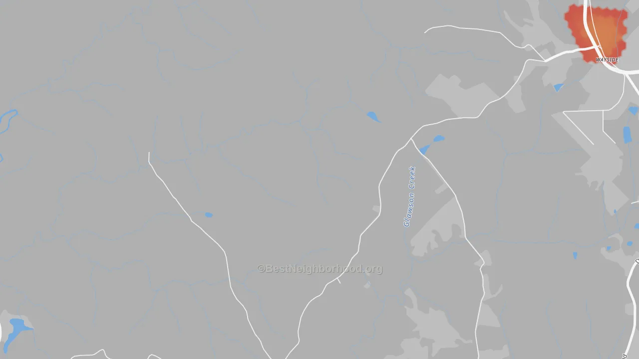 Walk Grade map of Wayside, GA, walkable areas in green and car-dependent areas in red