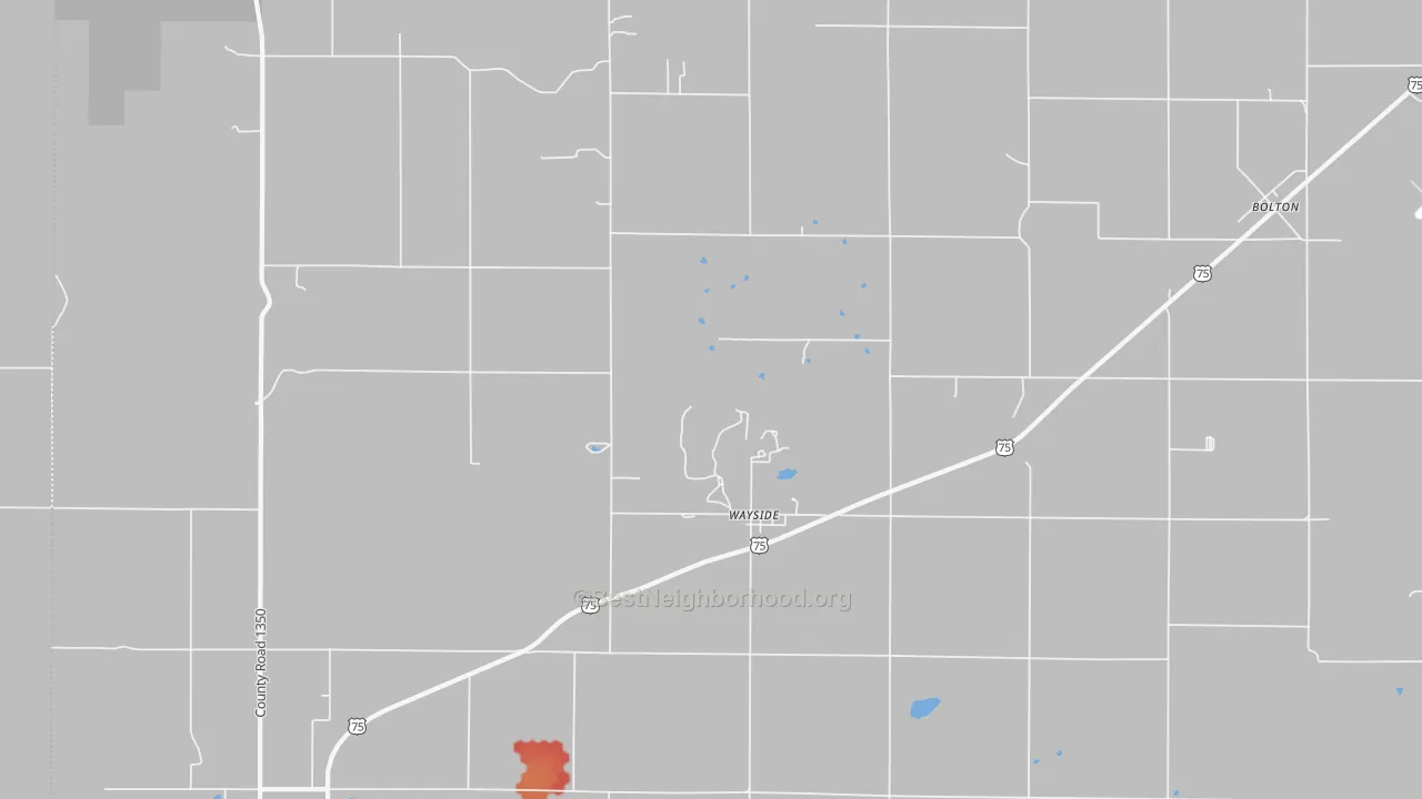 Walk Grade map of Wayside, KS, walkable areas in green and car-dependent areas in red