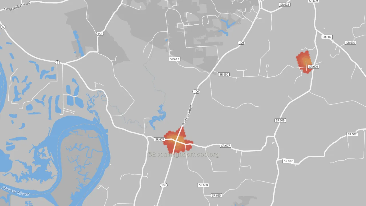 Walk Grade map of Wayside, VA, walkable areas in green and car-dependent areas in red