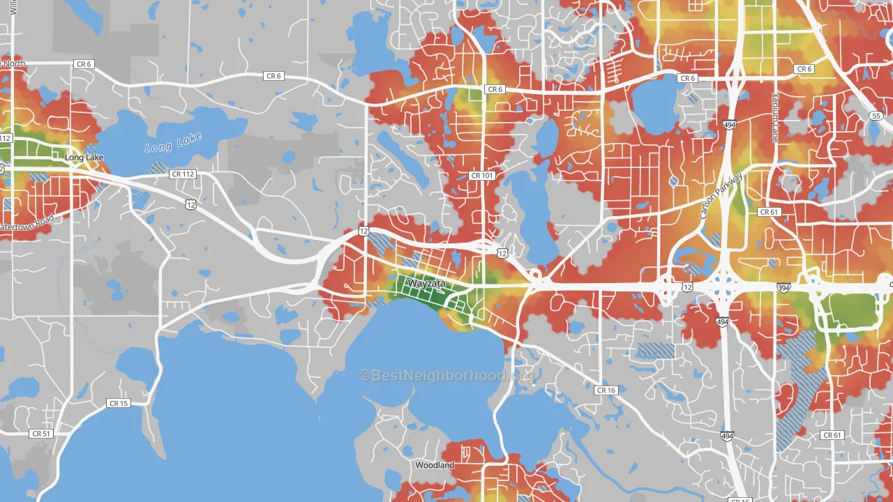 Walk Grade map of Wayzata, MN, walkable areas in green and car-dependent areas in red
