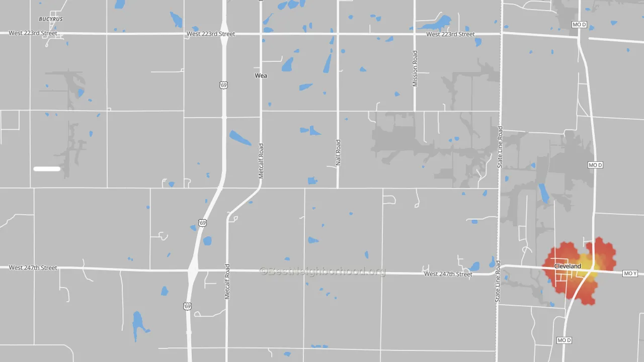 Walk Grade map of Wea, KS, walkable areas in green and car-dependent areas in red
