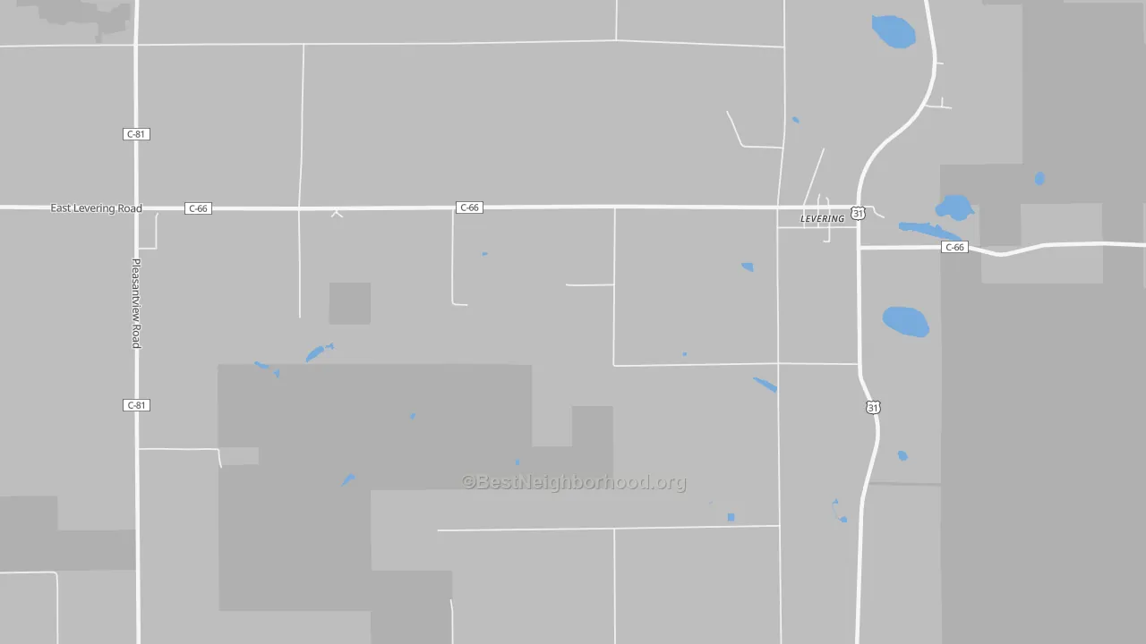 Walk Grade map of Weadock, MI, walkable areas in green and car-dependent areas in red