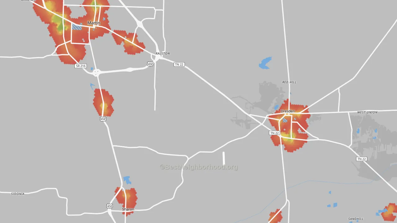 Walk Grade map of Weakley County, TN, walkable areas in green and car-dependent areas in red