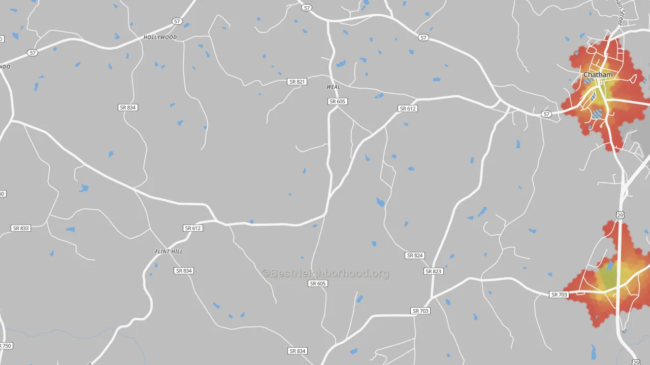 Walk Grade map of Weal, VA, walkable areas in green and car-dependent areas in red