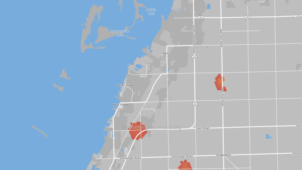 Walk Grade map of Weale, MI, walkable areas in green and car-dependent areas in red